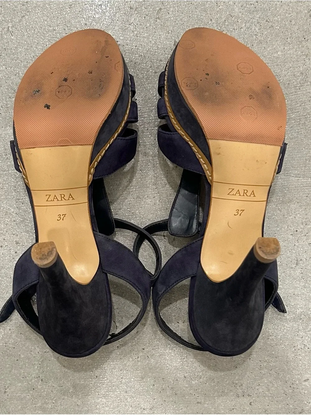Zara Deep Blue Suede T-Strap Platform High Heel Sandals Good Used Condition